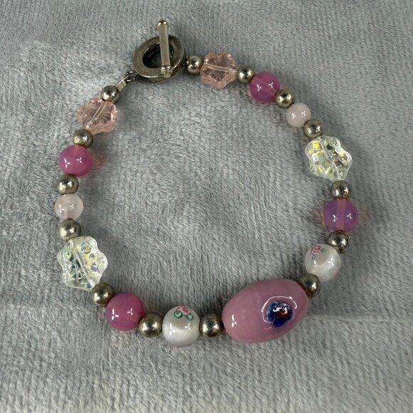 Vintage Glass Bead Bracelet With Toggle Closure & Pink White Silver Accents - Picture 2 of 16